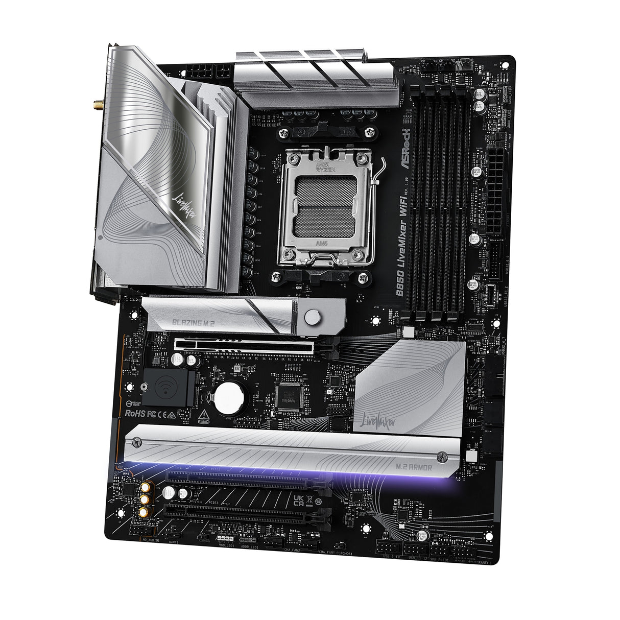 ASRock B850 LiveMixer WiFi AMD AM5 Socket Motherboard, ATX, 4x DDR5 Slots, 3x M.2 Sockets, Fitted I/O Shield, 2.5GbE LAN, Wi-Fi 7, 1x DisplayPort / 1x HDMI Port