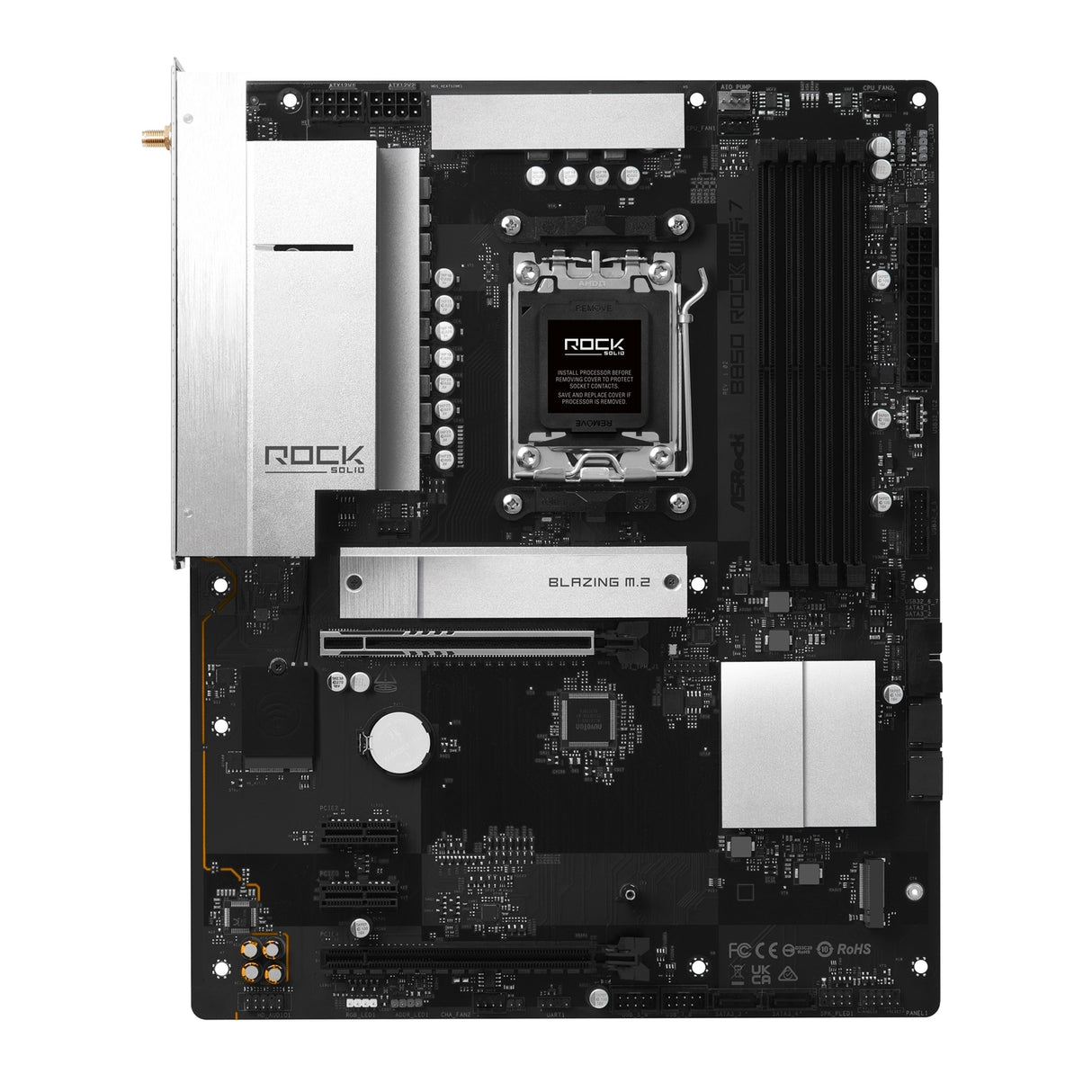 ASRock B850 Rock WiFi 7 AMD AM5 Socket Motherboard, ATX, 4x DDR5 Slots, 2x M.2 Socket, Fitted I/O Shield, 2.5GbE LAN, Wi-Fi 7, 1x HDMI Port