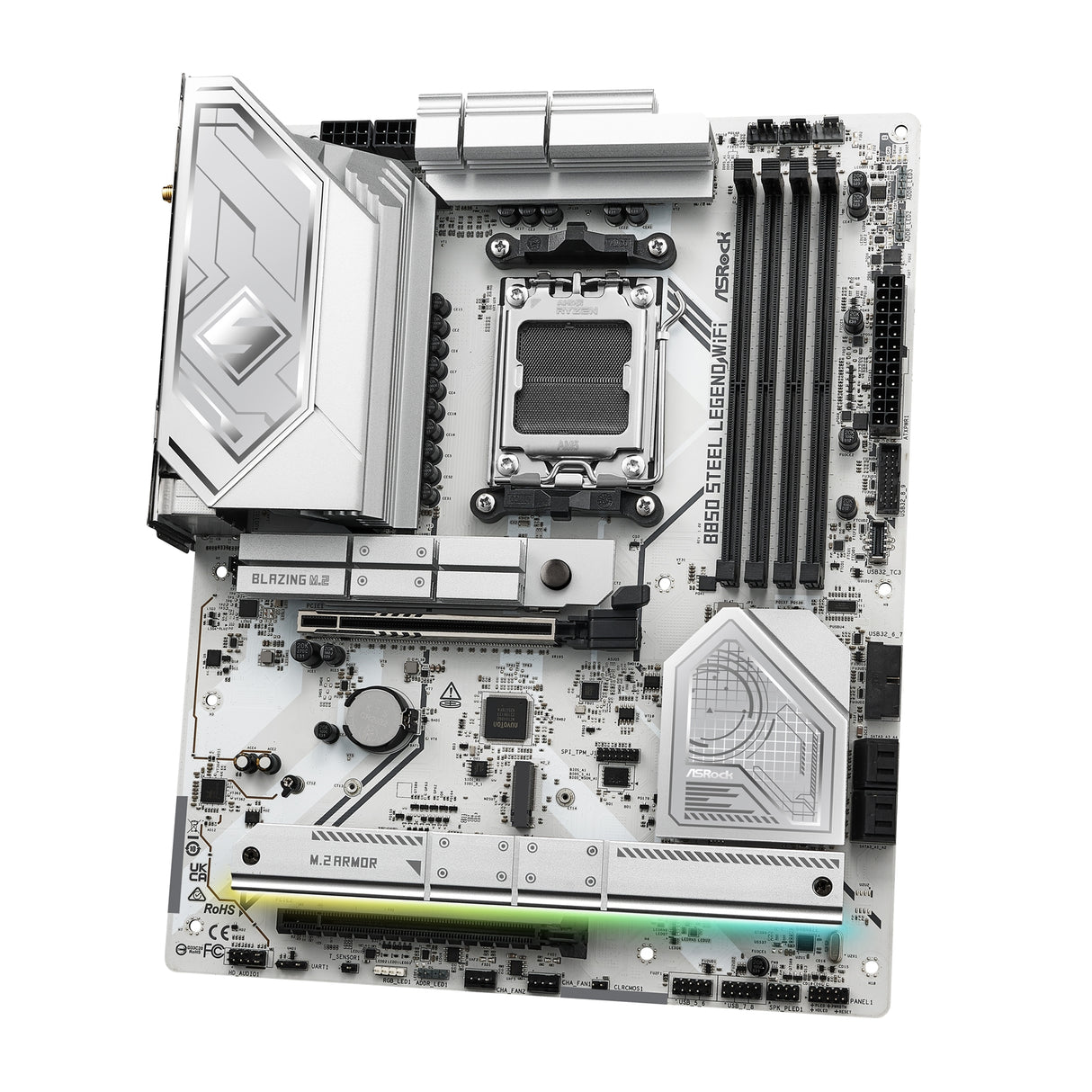 ASRock B850 Steel Legend WiFi AMD AM5 Socket Motherboard, ATX, 4x DDR5 Slots, 4x M.2 Sockets, Fitted I/O Shield, 2.5GbE LAN, Wi-Fi 7, 1x HDMI Port