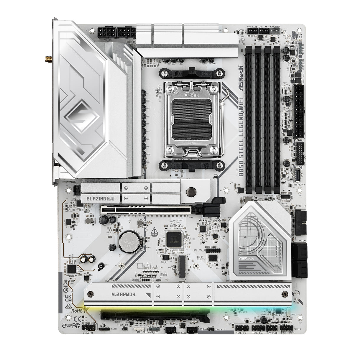 ASRock B850 Steel Legend WiFi AMD AM5 Socket Motherboard, ATX, 4x DDR5 Slots, 4x M.2 Sockets, Fitted I/O Shield, 2.5GbE LAN, Wi-Fi 7, 1x HDMI Port