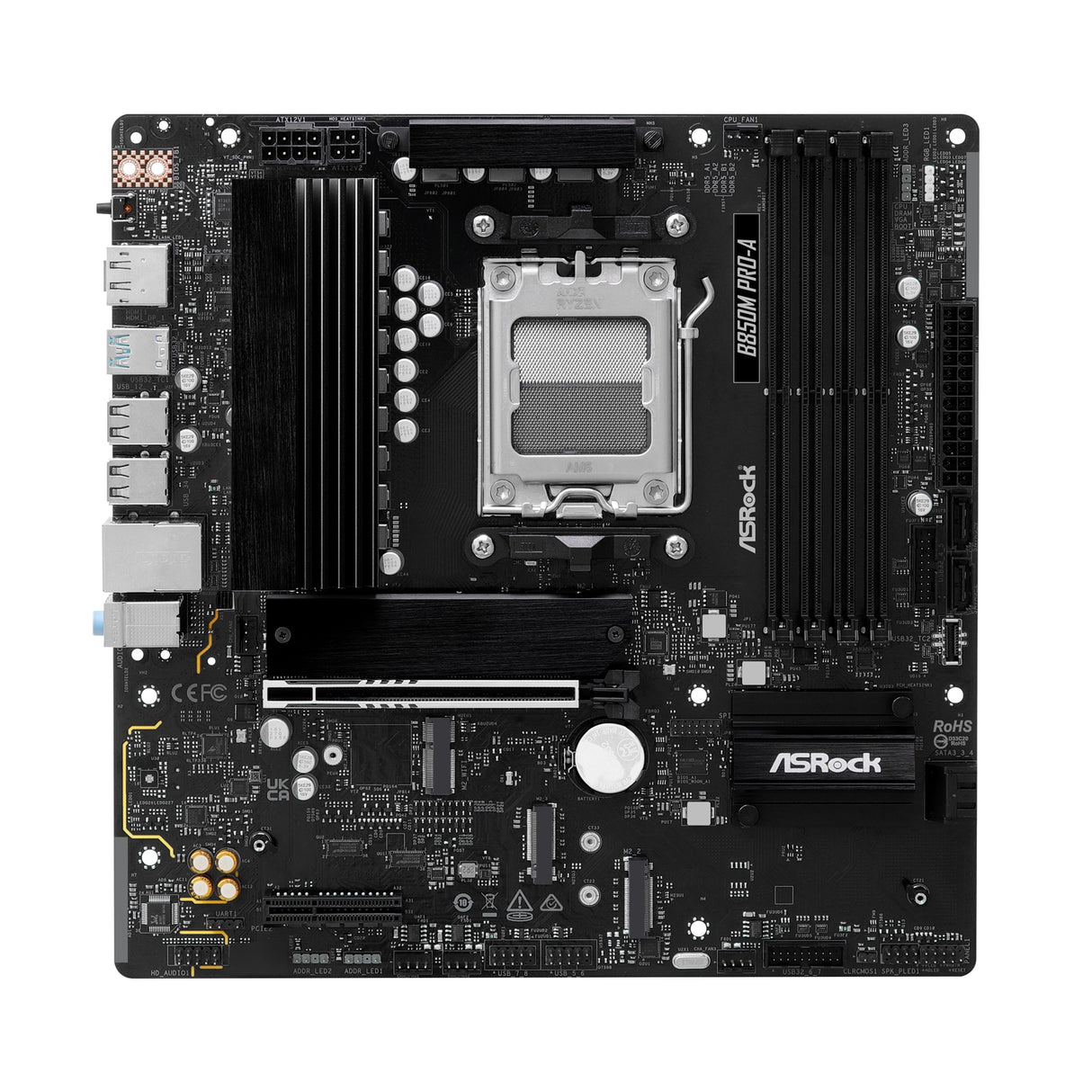 ASRock B850M Pro-A AMD AM5 Socket Motherboard, Micro-ATX, 4x DDR5 Slots, 3x M.2 Sockets, 2.5GbE LAN, 1x DisplayPort / 1x HDMI Port