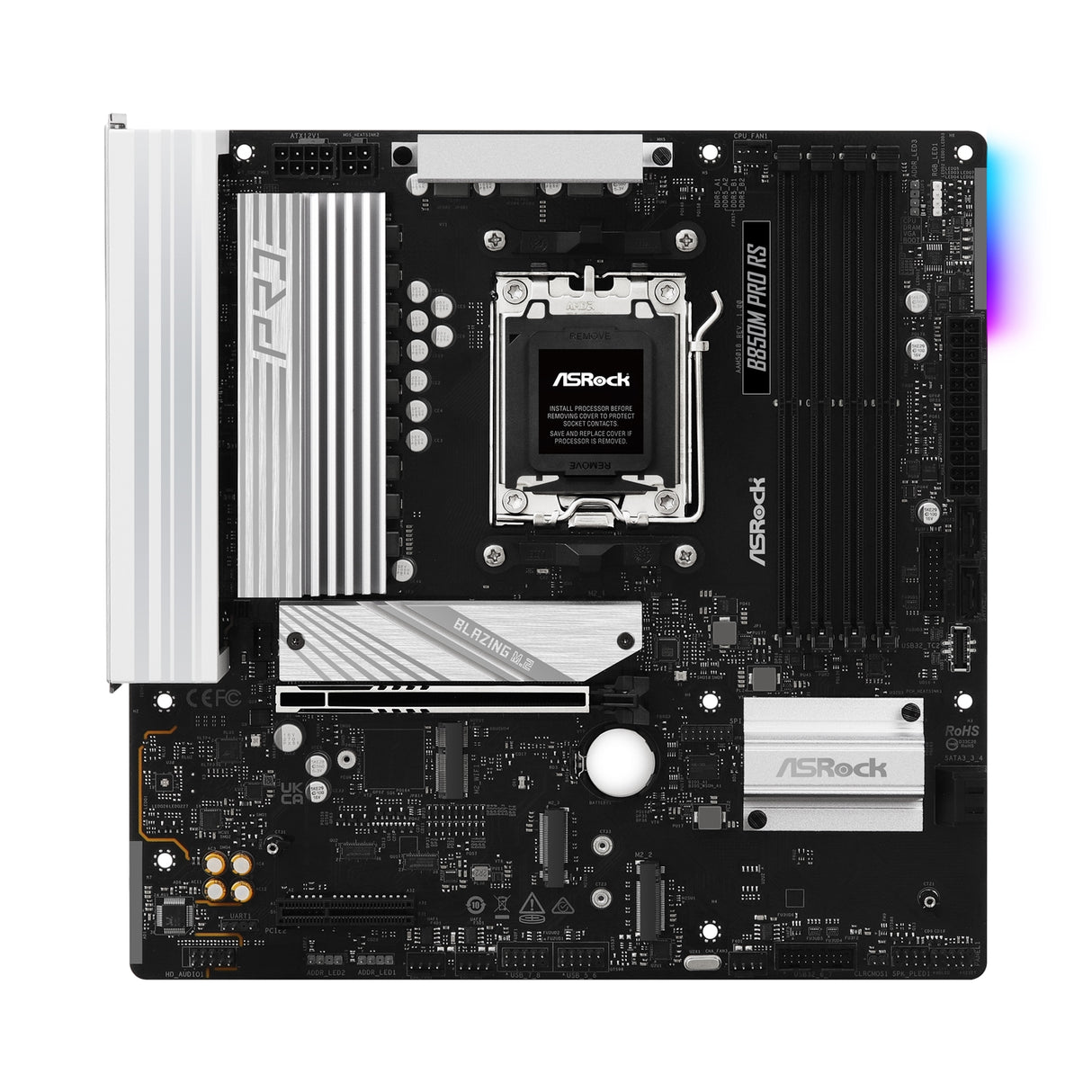 ASRock B850M Pro RS AMD AM5 Socket Motherboard, Micro-ATX, 4x DDR5 Slots, 3x M.2 Sockets, Fitted I/O Shield, 2.5GbE LAN, 1x DisplayPort / 1x HDMI Port
