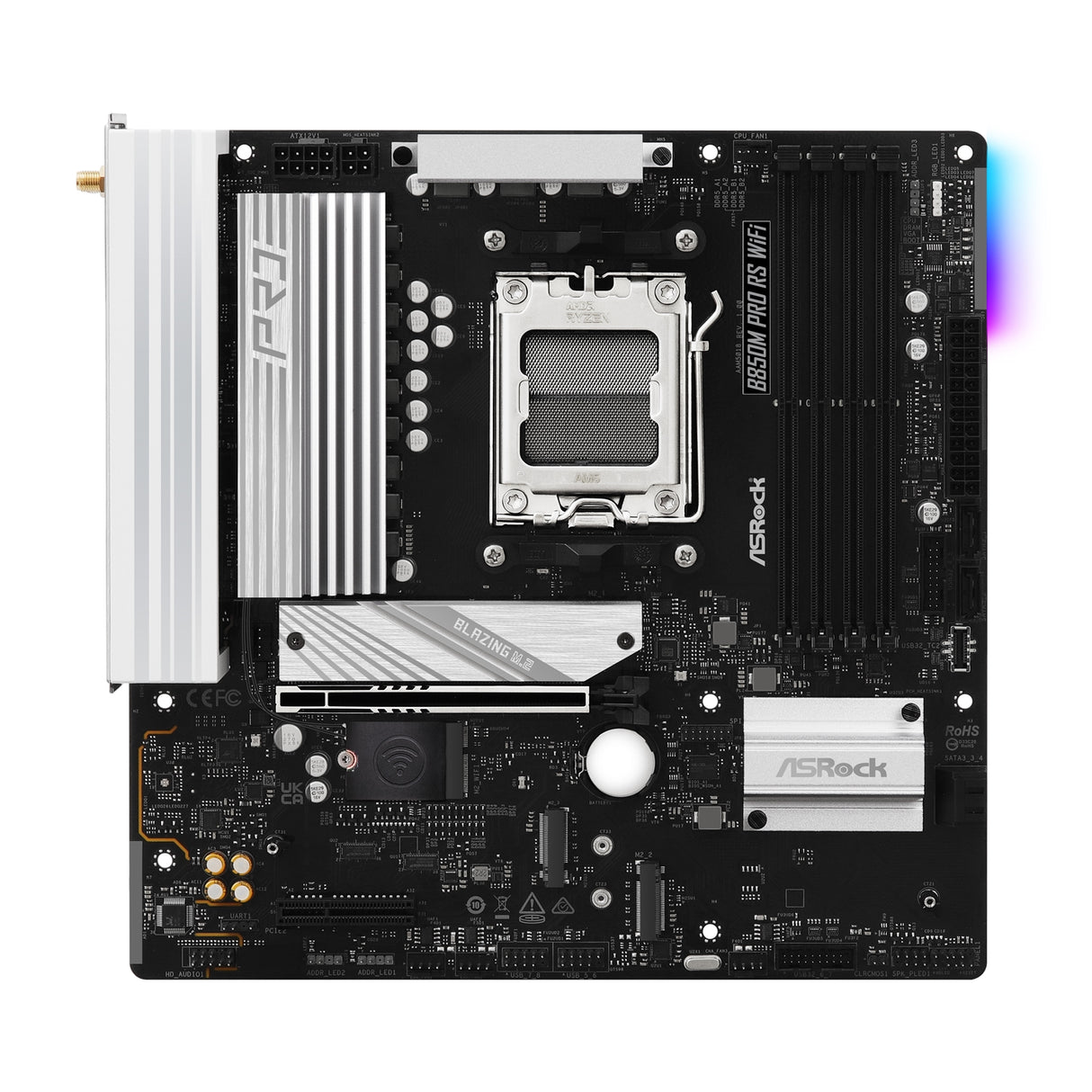 ASRock B850M Pro RS WiFi AMD AM5 Socket Motherboard, Micro-ATX, 4x DDR5 Slots, 3x M.2 Sockets, Fitted I/O Shield, 2.5GbE LAN, Wi-Fi 6E, 1x DisplayPort / 1x HDMI Port