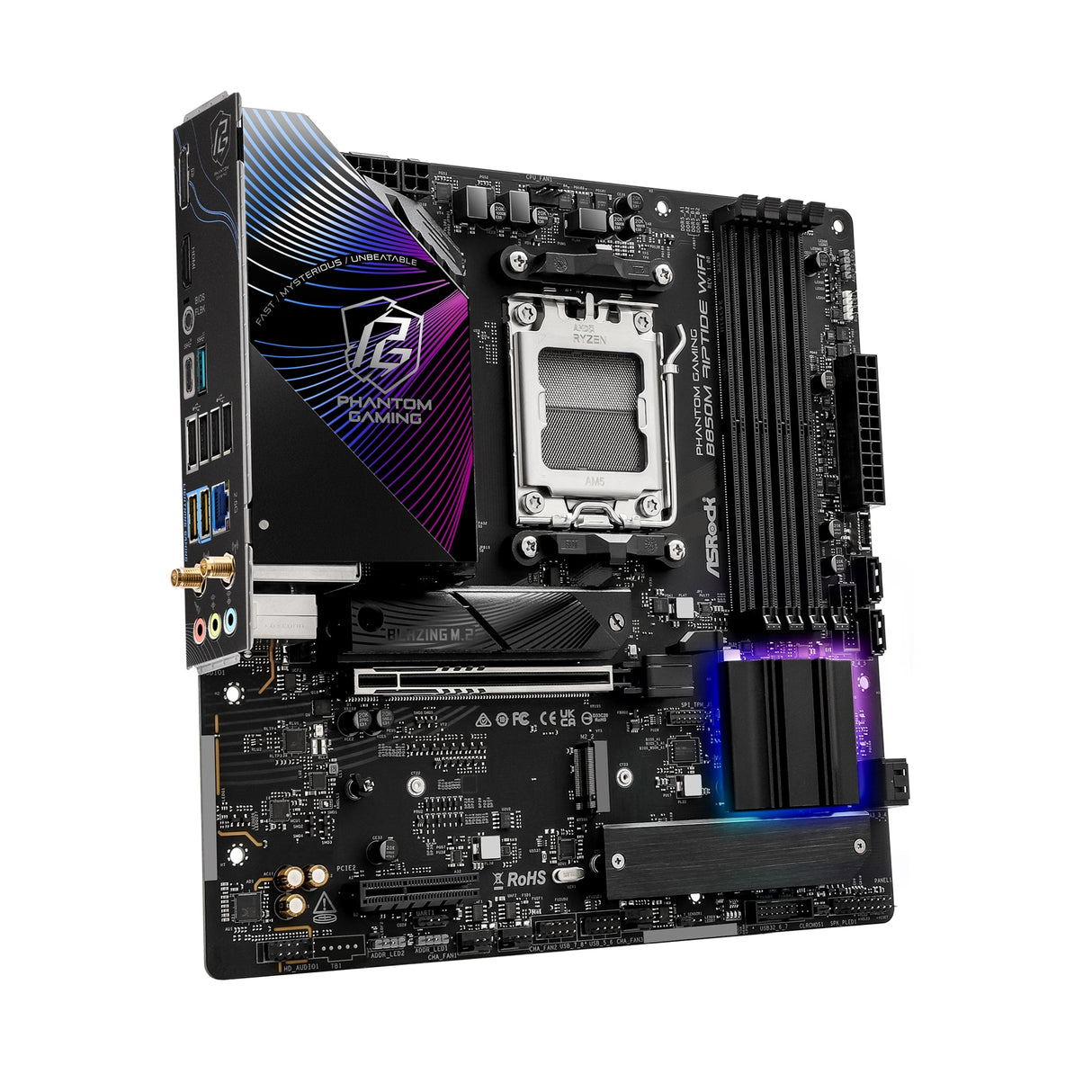 ASRock B850M Riptide WiFi AMD AM5 Socket Motherboard, Micro-ATX, 4x DDR5 Slots, 3x M.2 Sockets, Fitted I/O Shield, 2.5GbE LAN, Wi-Fi 7, 1x DisplayPort / 1x HDMI Port