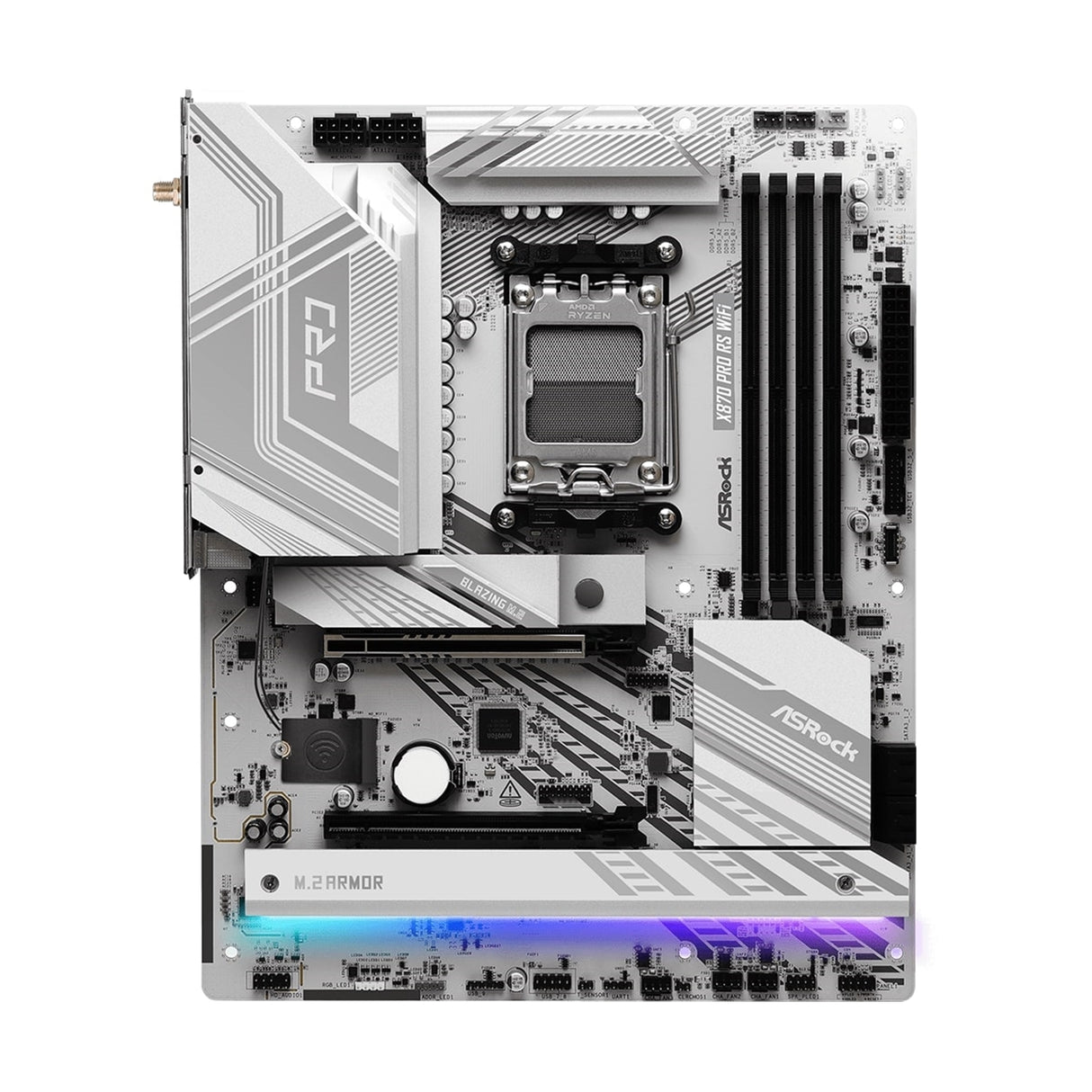 ASRock X870 PRO RS WIFI AMD AM5 Socket Motherboard, ATX, 4x DDR5 Slots, 3x M.2 Sockets, Fitted I/O Shield, 2.5GbE LAN, Wi-Fi 7, 1x HDMI Port / 2x USB-C (USB4)