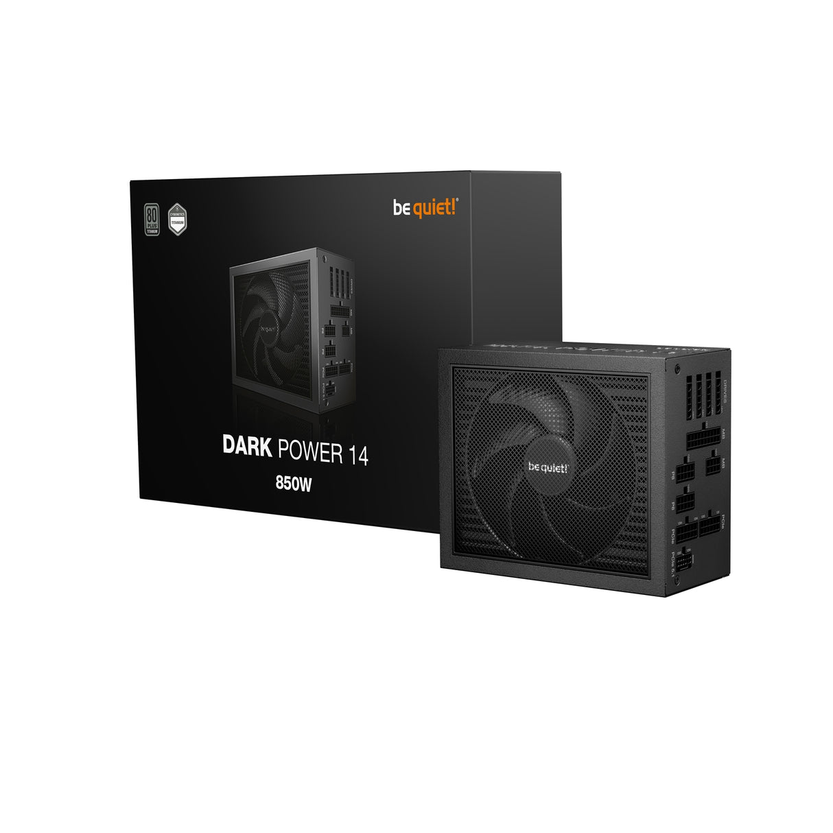 be quiet! DARK POWER 14, 850W, 80 PLUS certified and Cybenetics efficiency, ATX 3.1 compliant, PCIe 5.1 compatible, backed by a 10-year manufacturer's warranty.