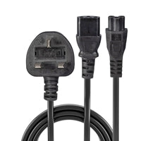 Lindy 30374 2.5m UK 3 Pin Plug To IEC C13 (Kettle) & IEC C5 (Clover) 10 Amp Mains Splitter Extension Cable - Black