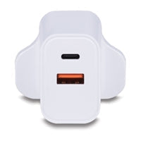LINDY 73425 30W USB Type A & C Charger UK Plug, 3A, Power Delivery 3.0 + PPS, 2 Output Connectors (USB, 24 pin USB-C), White