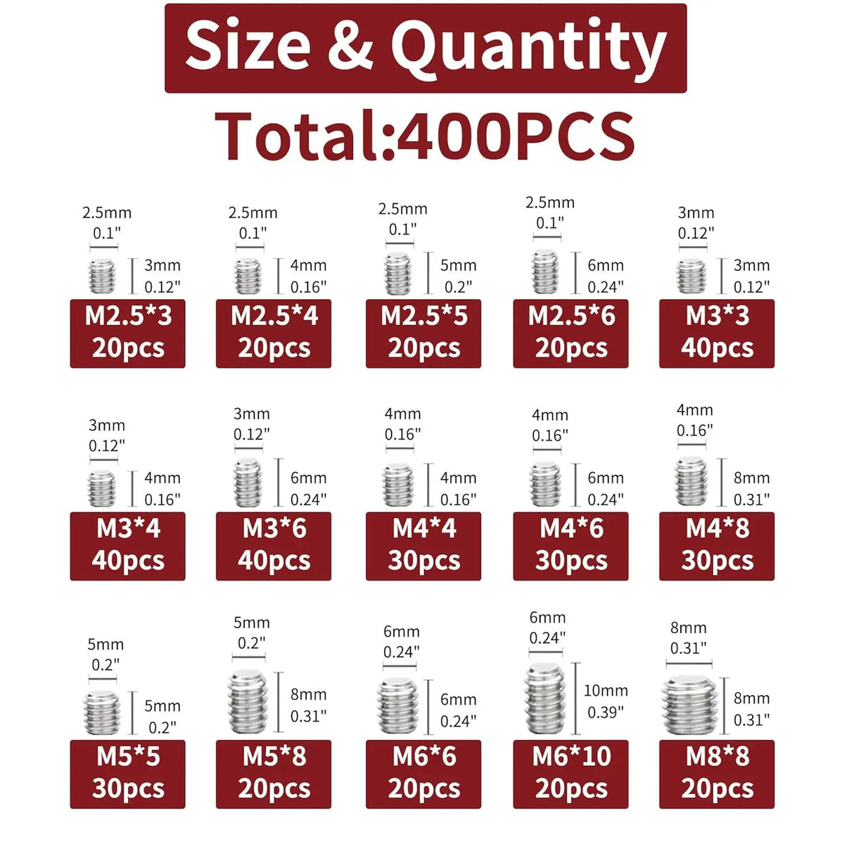 400pcs Grub Screw Assortment