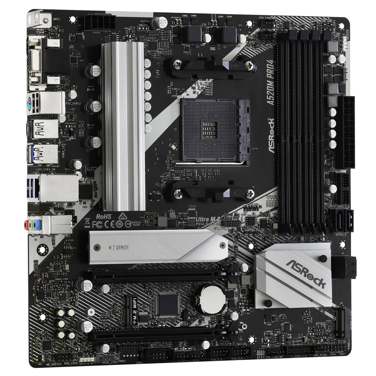 ASRock A520M PRO4 Super Alloy AMD AM4 Socket Motherboard, Micro-ATX, 4x DDR4 Slots, 1x M.2 Socket, GbE LAN, 1x D-Sub / 1x DisplayPort / 1x HDMI Port
