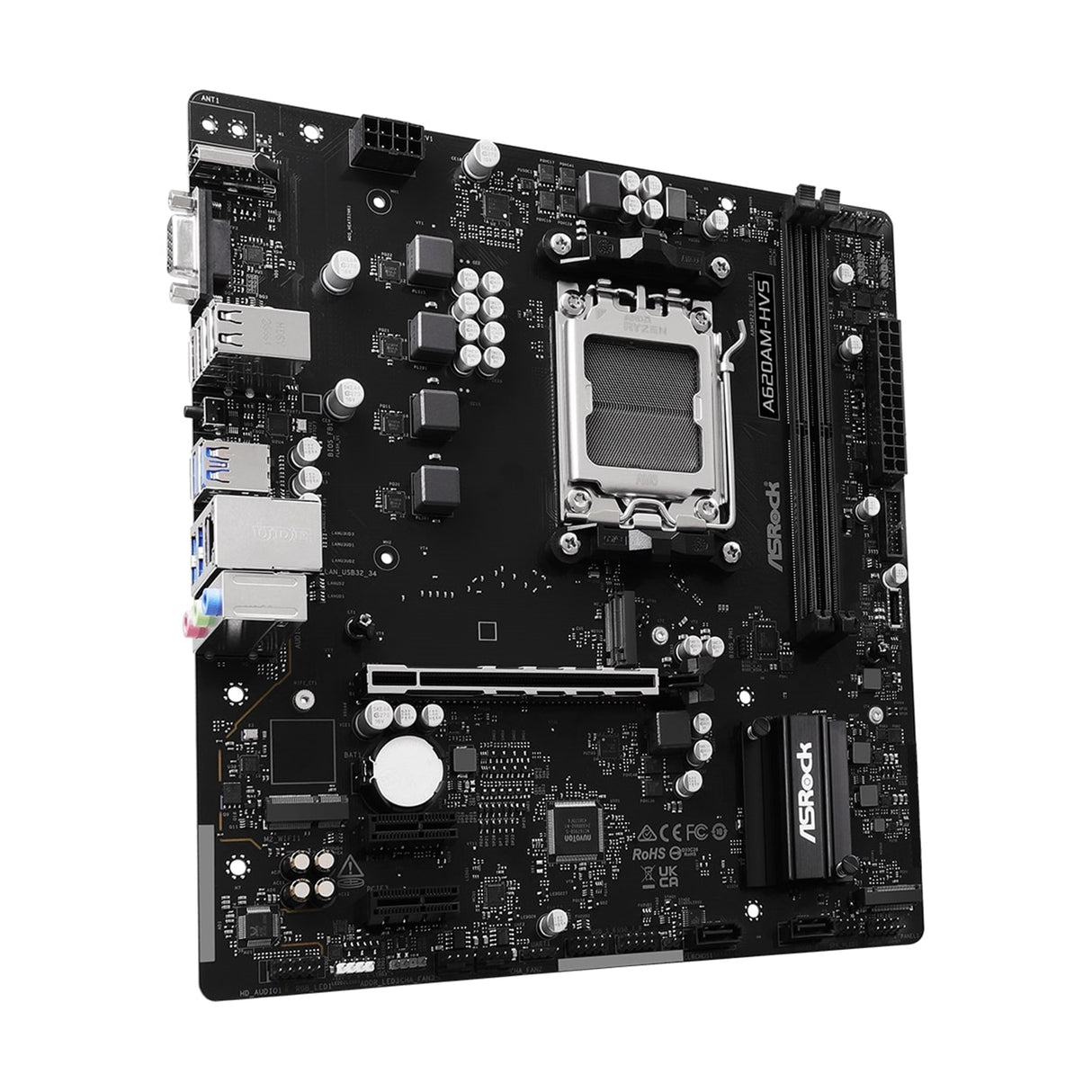 ASRock A620AM-HVS AMD AM5 Socket Motherboard, Micro-ATX, 2x DDR5 Slots, 2x M.2 Socket, GbE LAN, 1x D-Sub / 1x HDMI Port