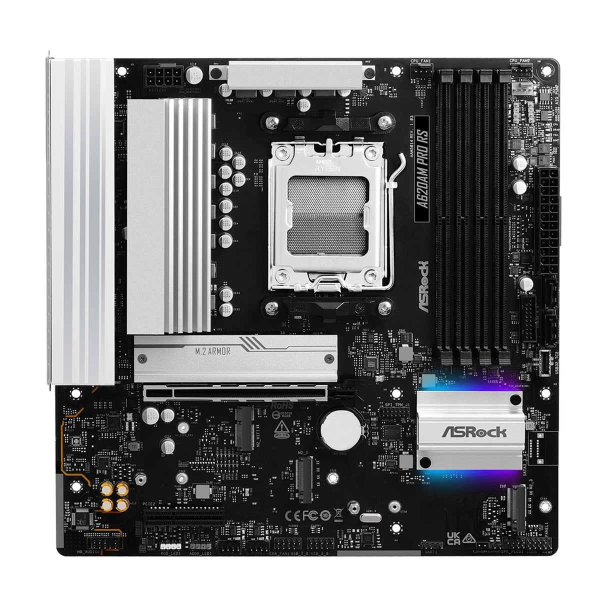 ASRock A620AM PRO RS AMD Socket AM5 Motherboard, 4x DDR5 Slots, 3x M.2 Socket, 2.5GbE LAN, 1x HDMI Port/ 1x DisplayPort