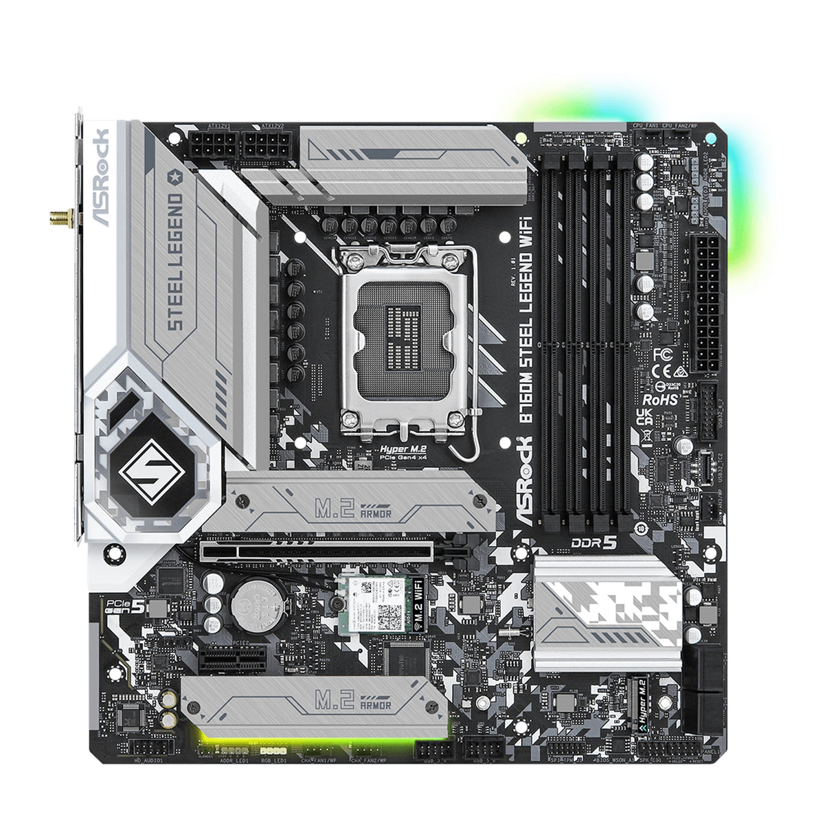 ASRock B760M Steel Legend WiFi Intel 1700 Socket Motherboard, Micro-ATX, 4x DDR5 Slots, 3x M.2 Sockets, Fitted I/O Shield, 2.5GbE LAN, Wi-Fi 6E, 1x DisplayPort / 1x HDMI Port