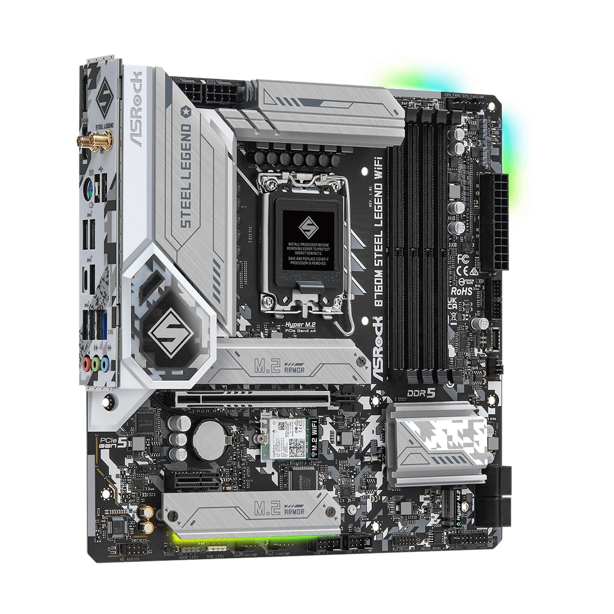 ASRock B760M Steel Legend WiFi Intel 1700 Socket Motherboard, Micro-ATX, 4x DDR5 Slots, 3x M.2 Sockets, Fitted I/O Shield, 2.5GbE LAN, Wi-Fi 6E, 1x DisplayPort / 1x HDMI Port