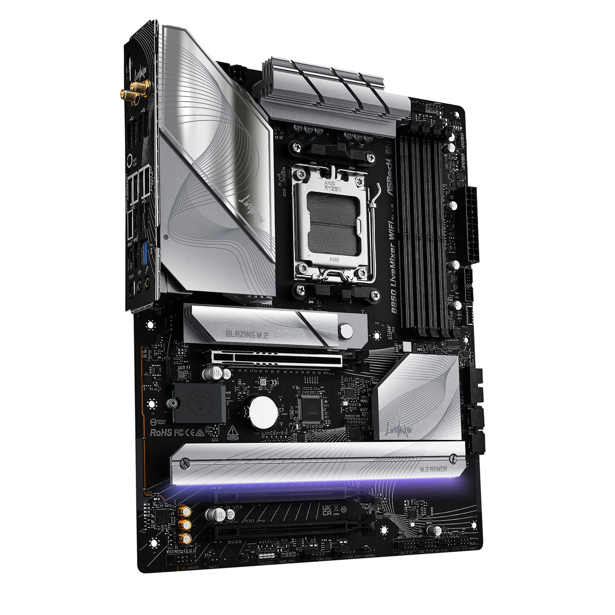 ASRock B850 LiveMixer WiFi AMD AM5 Socket Motherboard, ATX, 4x DDR5 Slots, 3x M.2 Sockets, Fitted I/O Shield, 2.5GbE LAN, Wi-Fi 7, 1x DisplayPort / 1x HDMI Port