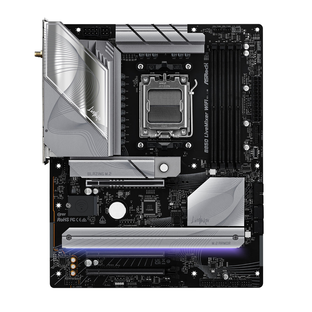 ASRock B850 LiveMixer WiFi AMD AM5 Socket Motherboard, ATX, 4x DDR5 Slots, 3x M.2 Sockets, Fitted I/O Shield, 2.5GbE LAN, Wi-Fi 7, 1x DisplayPort / 1x HDMI Port