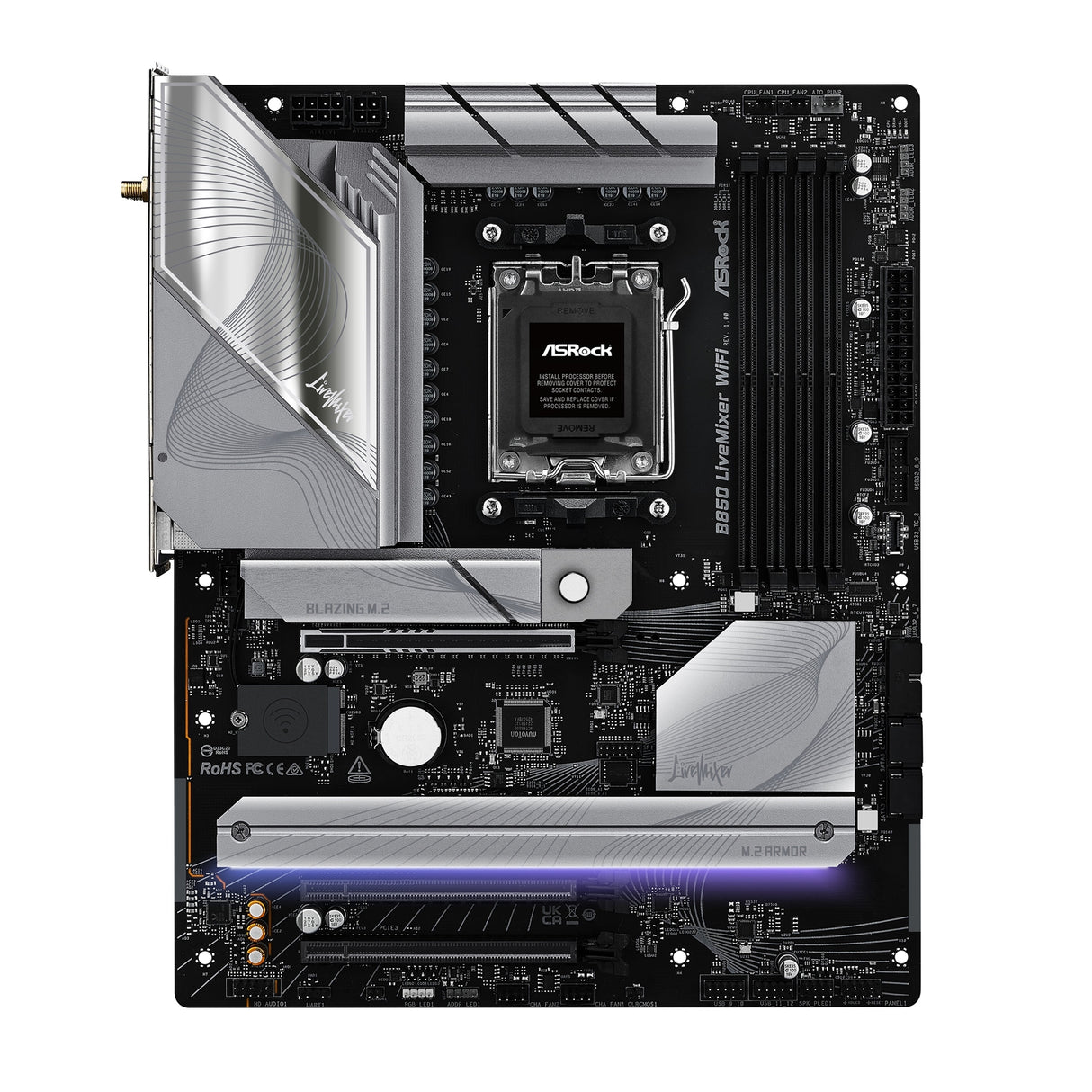 ASRock B850 LiveMixer WiFi AMD AM5 Socket Motherboard, ATX, 4x DDR5 Slots, 3x M.2 Sockets, Fitted I/O Shield, 2.5GbE LAN, Wi-Fi 7, 1x DisplayPort / 1x HDMI Port