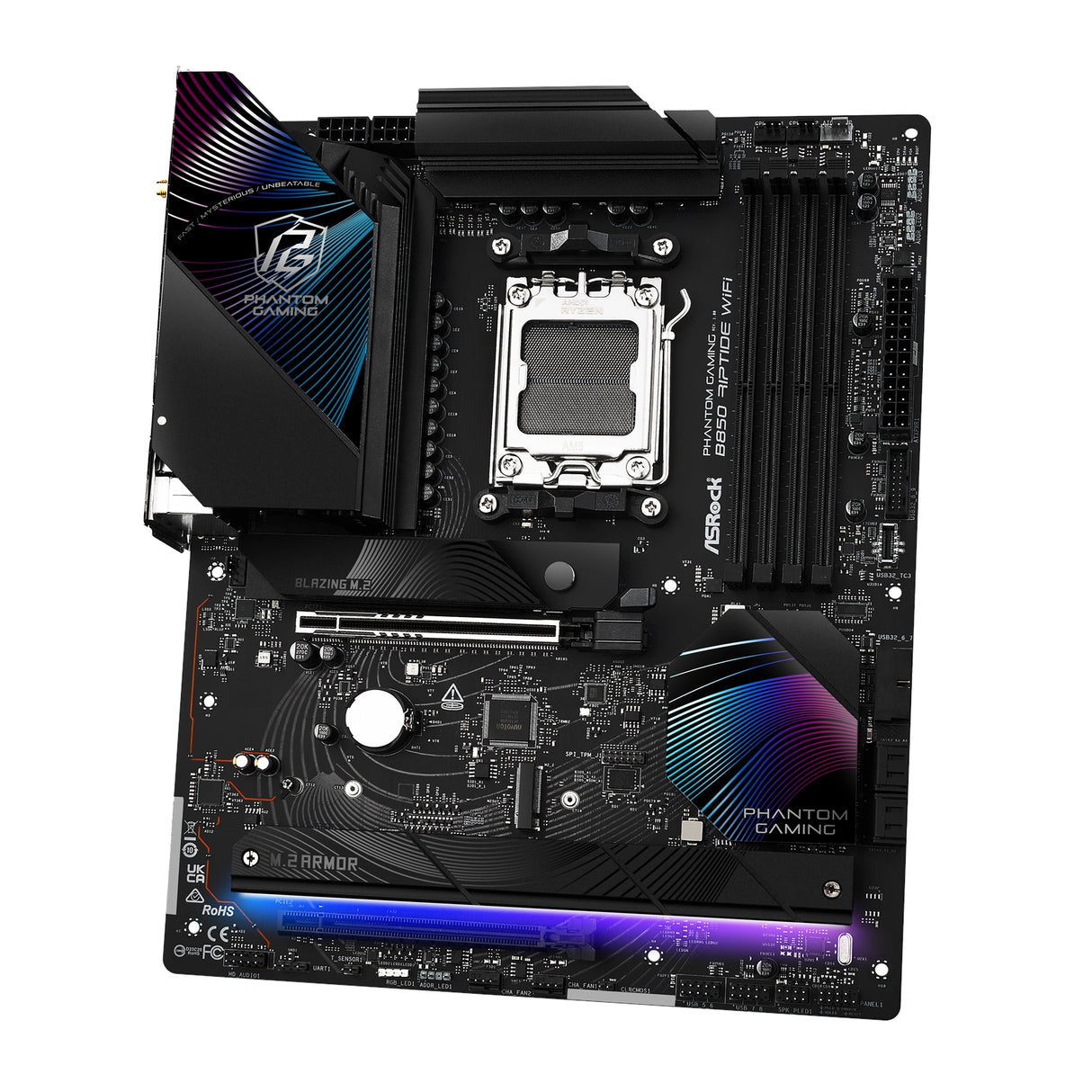 ASRock B850 Riptide WiFi PHANTOM GAMING AMD AM5 Socket Motherboard, ATX, 4x DDR5 Slots, 4x M.2 Sockets, Fitted I/O Shield, 2.5GbE LAN, Wi-Fi 7, 1x HDMI Port