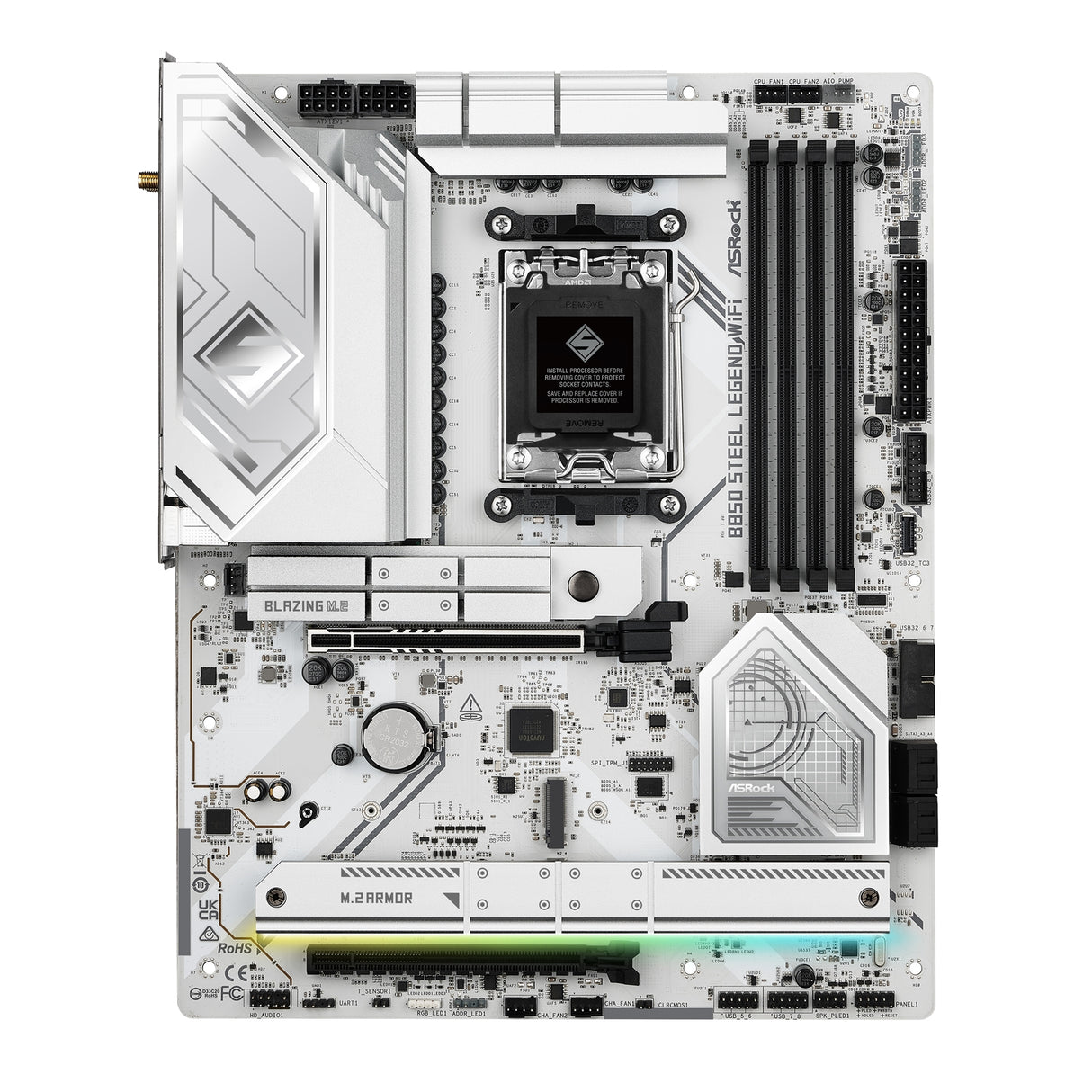 ASRock B850 Steel Legend WiFi AMD AM5 Socket Motherboard, ATX, 4x DDR5 Slots, 4x M.2 Sockets, Fitted I/O Shield, 2.5GbE LAN, Wi-Fi 7, 1x HDMI Port