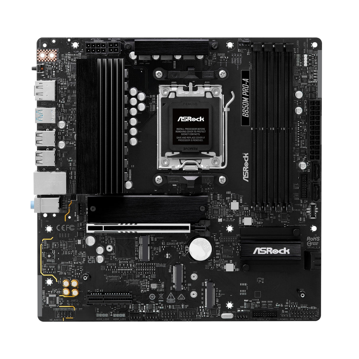 ASRock B850M Pro-A AMD AM5 Socket Motherboard, Micro-ATX, 4x DDR5 Slots, 3x M.2 Sockets, 2.5GbE LAN, 1x DisplayPort / 1x HDMI Port
