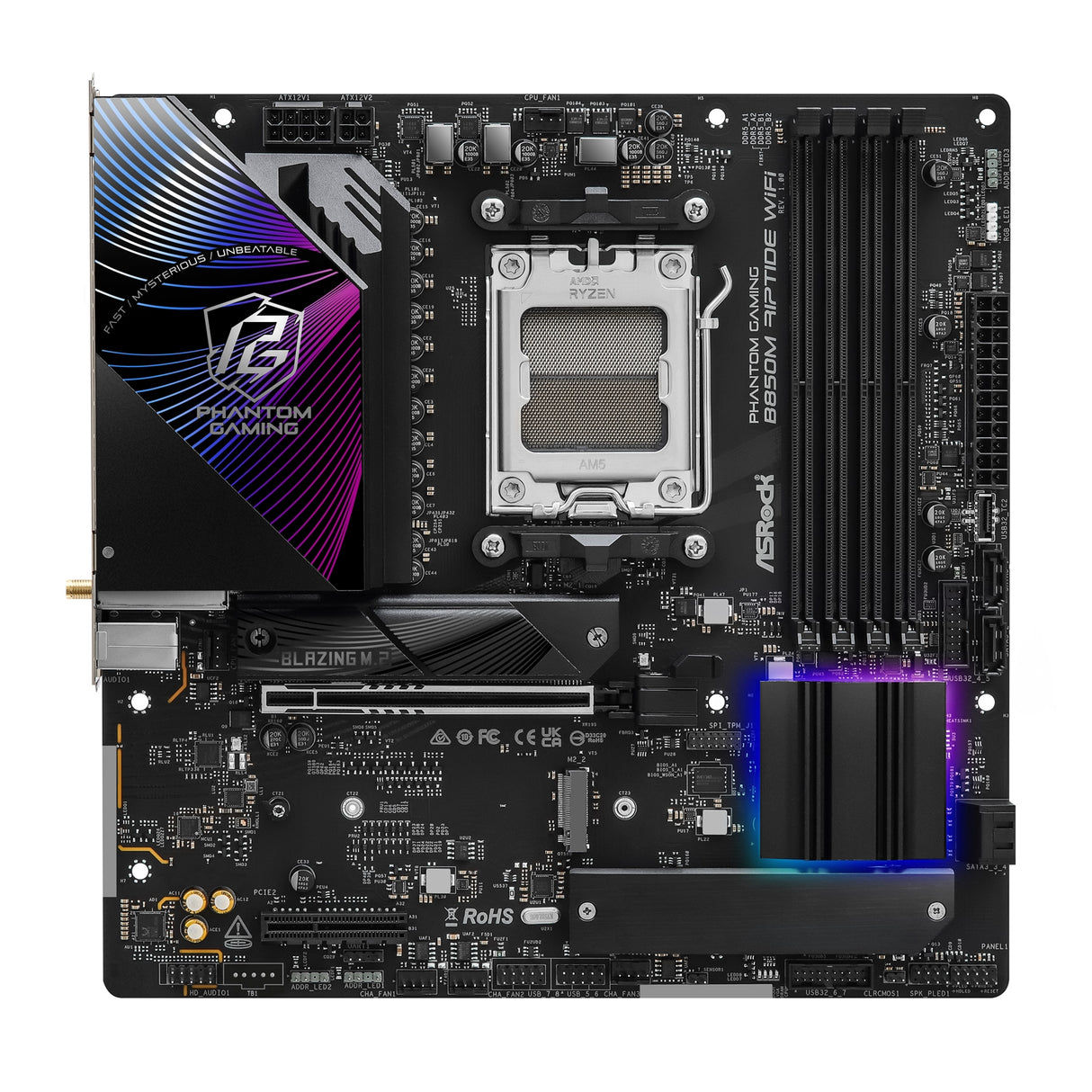 ASRock B850M Riptide WiFi AMD AM5 Socket Motherboard, Micro-ATX, 4x DDR5 Slots, 3x M.2 Sockets, Fitted I/O Shield, 2.5GbE LAN, Wi-Fi 7, 1x DisplayPort / 1x HDMI Port