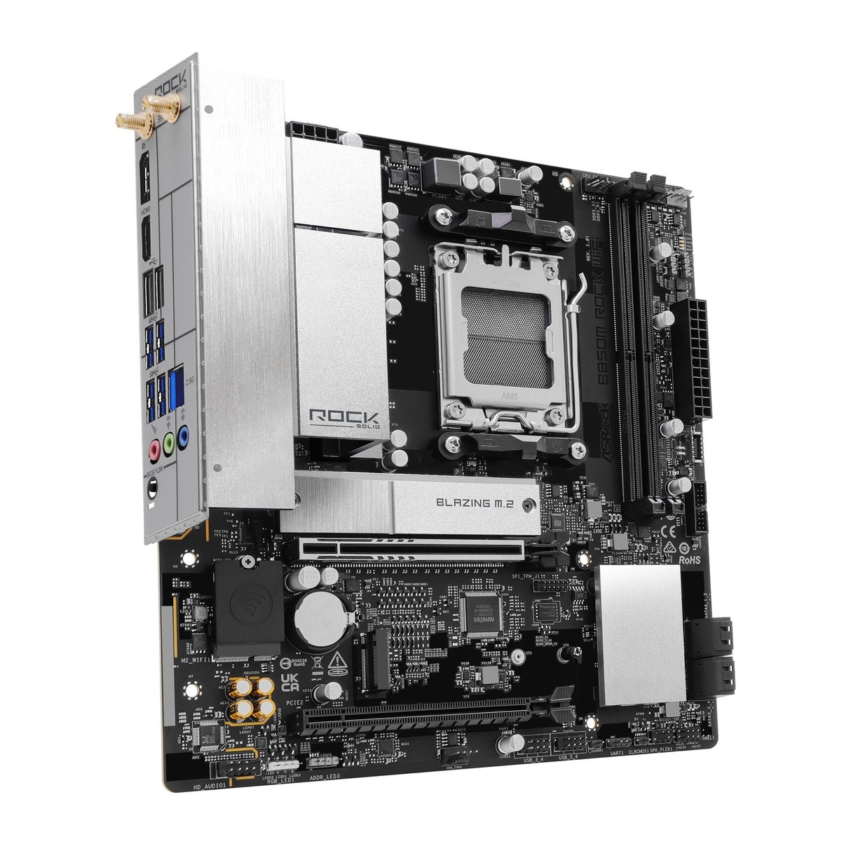 ASRock B850M Rock WiFi AMD AM5 Socket Motherboard, Micro-ATX, 2x DDR5 Slots, 2x M.2 Socket, Fitted I/O Shield, 2.5GbE LAN, Wi-Fi 6E, 1x DisplayPort / 1x HDMI Port