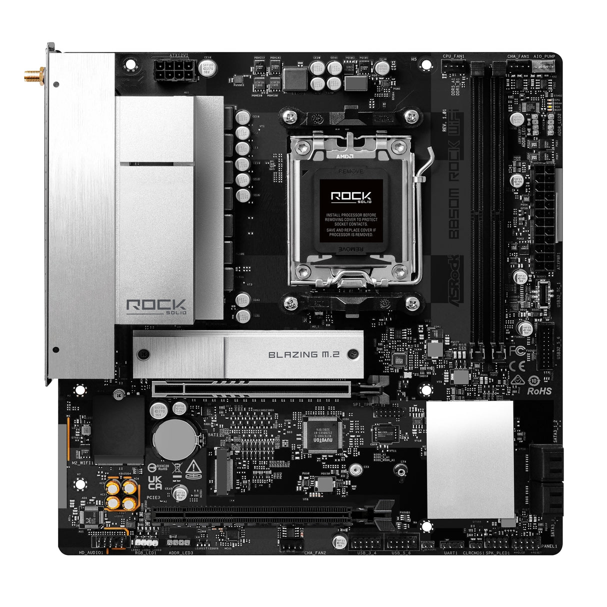 ASRock B850M Rock WiFi AMD AM5 Socket Motherboard, Micro-ATX, 2x DDR5 Slots, 2x M.2 Socket, Fitted I/O Shield, 2.5GbE LAN, Wi-Fi 6E, 1x DisplayPort / 1x HDMI Port