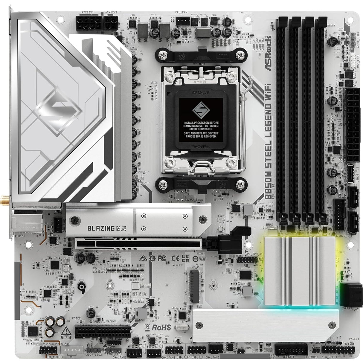 ASRock B850M Steel Legend WiFi AMD AM5 Socket Motherboard, Micro-ATX, 4x DDR5 Slots, 3x M.2 Sockets, Fitted I/O Shield, 2.5GbE LAN, Wi-Fi 7, 1x DisplayPort / 1x HDMI Port