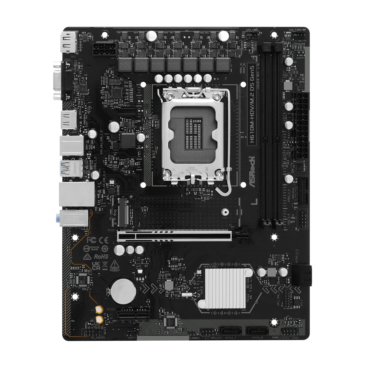 ASRock H610M-HDV/M.2 D5 Gen5 Intel 1700 Socket Motherboard, Micro-ATX, 2x DDR5 Slots, 1x M.2 Socket, GbE LAN, 1x D-Sub / 1x DisplayPort / 1x HDMI Port