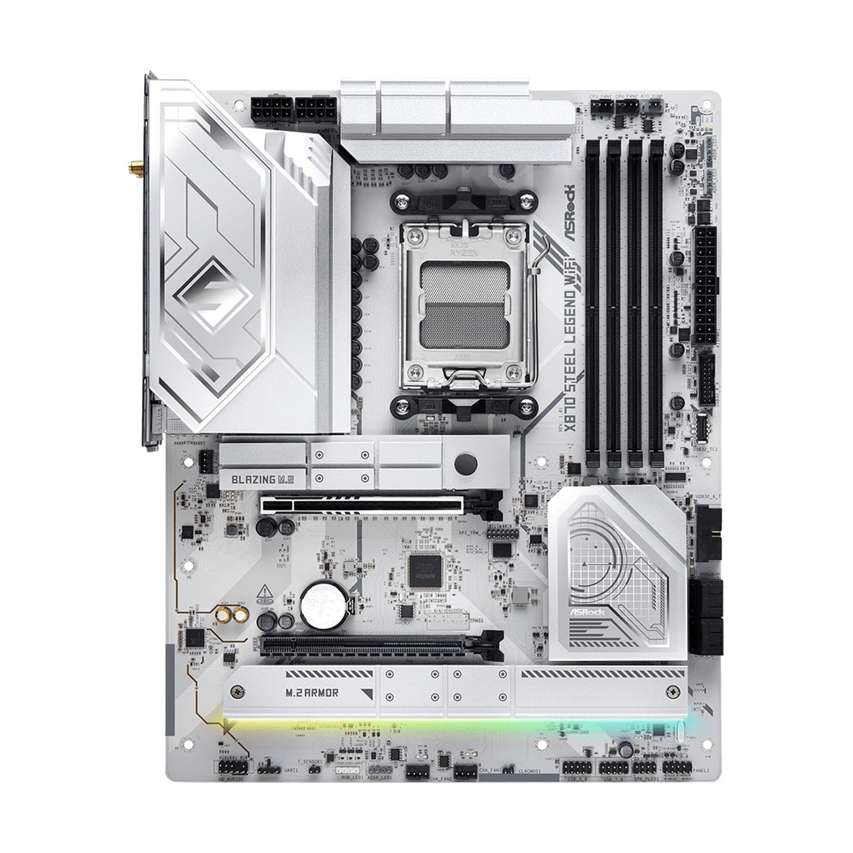ASRock X870 STEEL LEGEND WIFI AMD AM5 Socket Motherboard, ATX, 4x DDR5 Slots, 3x M.2 Sockets, Fitted I/O Shield, 2.5GbE LAN, Wi-Fi 7, 1x HDMI Port / 2x USB-C (USB4)
