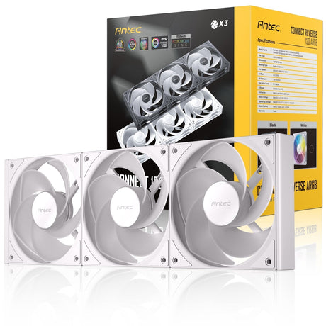 Antec Connect 120 ARGB White Reverse 3-Pack 120mm PWM Fans with Daisy Chain Design and Vibration-Absorbing Pads
