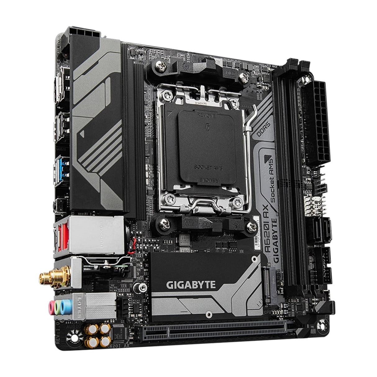 Gigabyte A620I AX (rev. 1.0) AMD AM5 Socket Motherboard, Mini-ITX, 2x DDR5 Slots, 1x M.2 Socket, 2.5GbE LAN, Wi-Fi 6E, 1 x DisplayPort / 1x HDMI Port