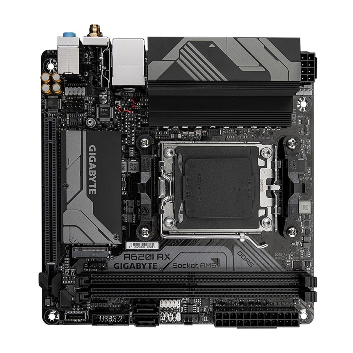 Gigabyte A620I AX (rev. 1.0) AMD AM5 Socket Motherboard, Mini-ITX, 2x DDR5 Slots, 1x M.2 Socket, 2.5GbE LAN, Wi-Fi 6E, 1 x DisplayPort / 1x HDMI Port