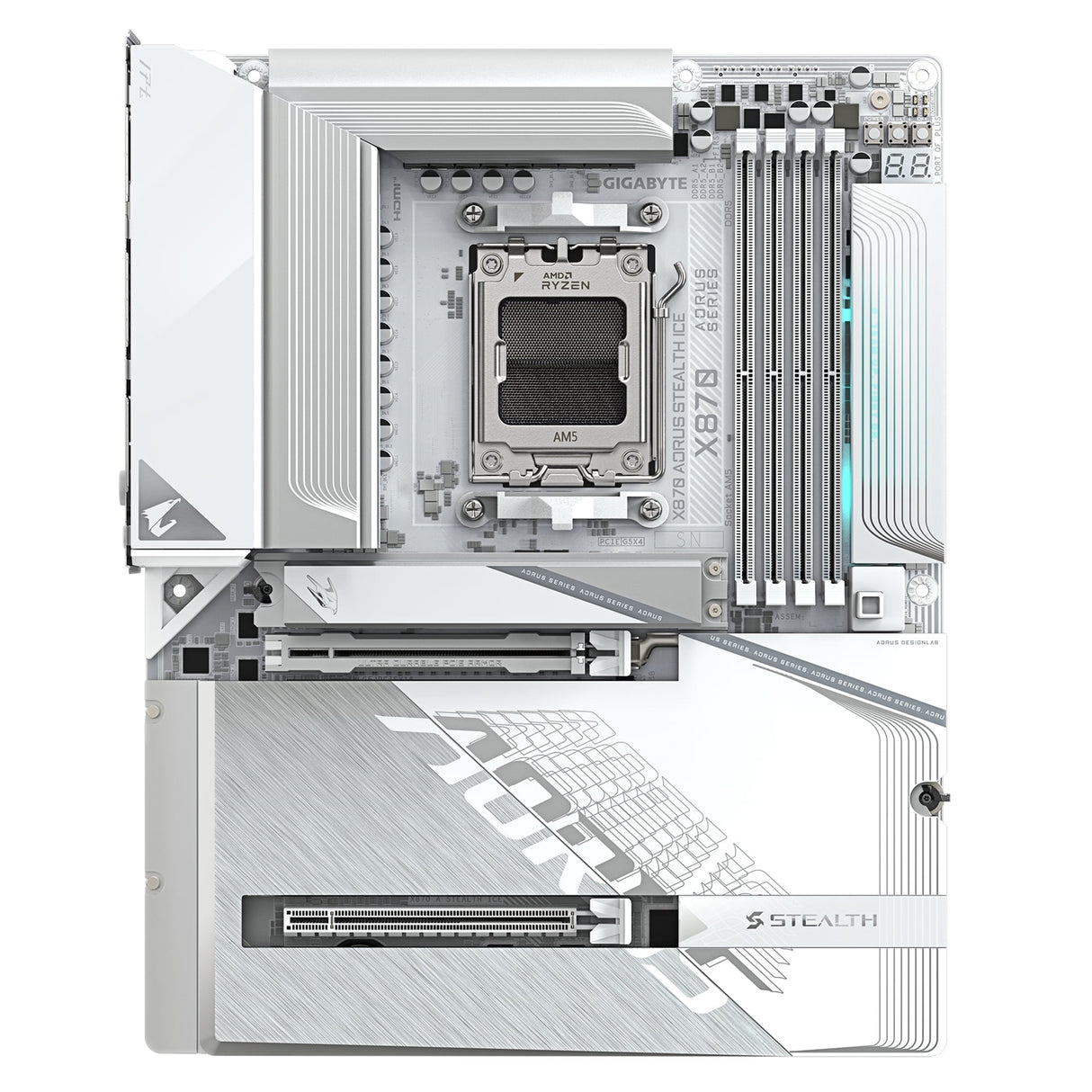 Gigabyte X870 AORUS STEALTH ICE AMD AM5 Socket Motherboard, ATX, 4x DDR5 Slots, 4x M.2 Socket, 5GbE LAN, WiFi 7, 1x HDMI Port / 2x USB-C (USB4)