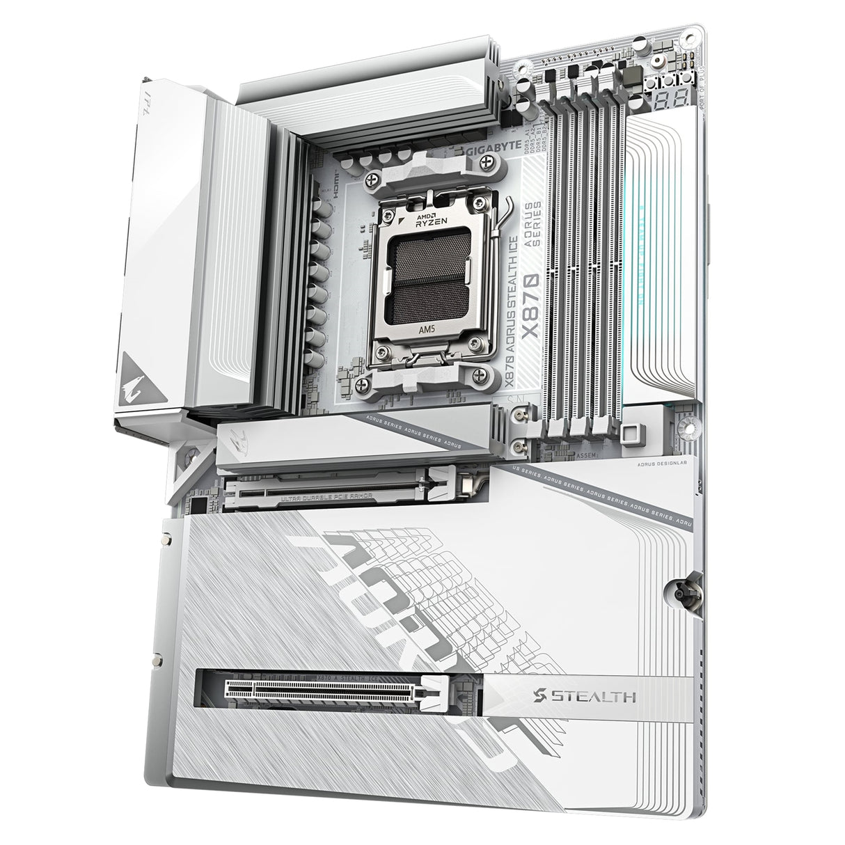 Gigabyte X870 AORUS STEALTH ICE AMD AM5 Socket Motherboard, ATX, 4x DDR5 Slots, 4x M.2 Socket, 5GbE LAN, WiFi 7, 1x HDMI Port / 2x USB-C (USB4)