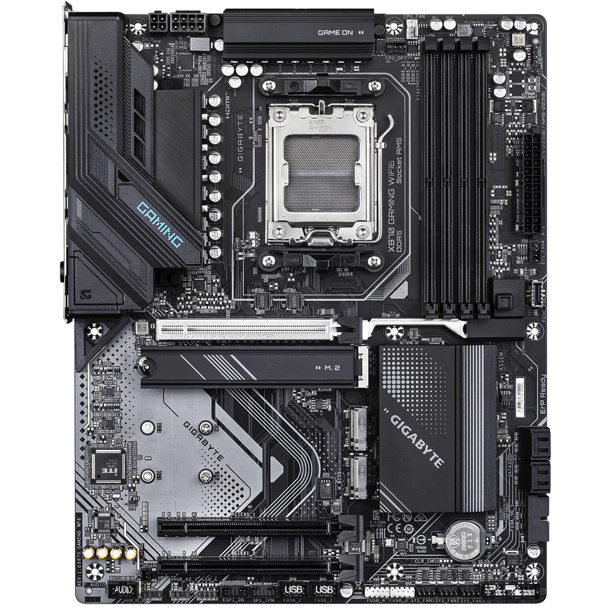 Gigabyte X870 GAMING WIFI6 AMD AM5 Socket Motherboard, ATX, 4x DDR5 Slots, 3x M.2 Sockets, Fitted I/O Shield, 2.5GbE LAN, Wi-Fi 6, 1x HDMI Port / 1x USB-C (USB4)