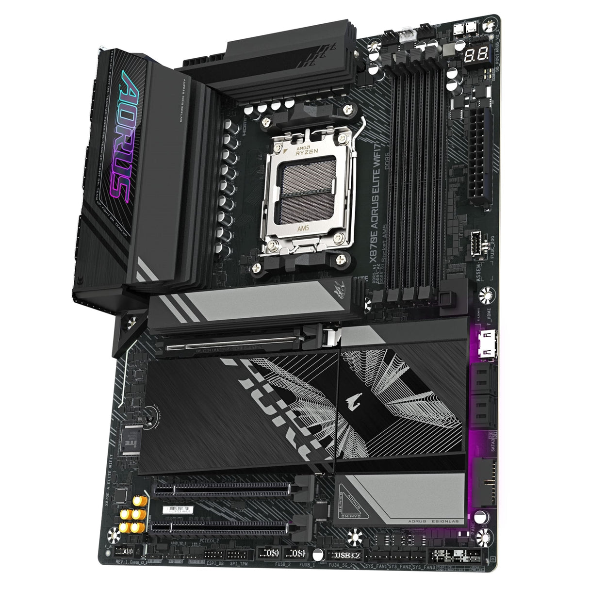 Gigabyte X870E AORUS ELITE WIFI7 AMD AM5 Socket Motherboard, ATX, 4x DDR5 Slots, 4x M.2 Sockets, Fitted I/O Shield, 2.5GbE LAN, Wi-Fi 7, 1x HDMI Port / 2x USB-C (USB4)