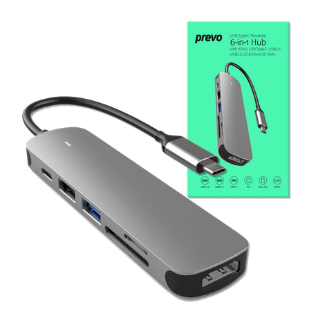 Prevo C605A 6-In-1 USB-C 4K Media and Data Transfer Hub Docking Station with 60W Passthrough, USB-C, HDMI, SD, USB-A for PC, Laptop, Tablet - Windows and Mac iOS Compatible